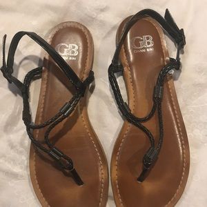 Black leather T strap sandals